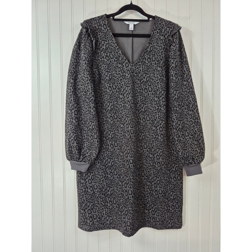 Nine West Leopard Print Ruffle Shoulder V-Neck Sweatshirt Dress Gray Size Large - Picture 1 of 10
